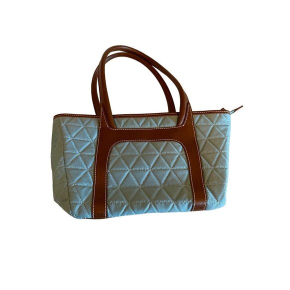 LOFT Ann Taylor Blue Turquoise Quilted Shoulder Bag Vegan Leather Trim Zip Top - Picture 1 of 5